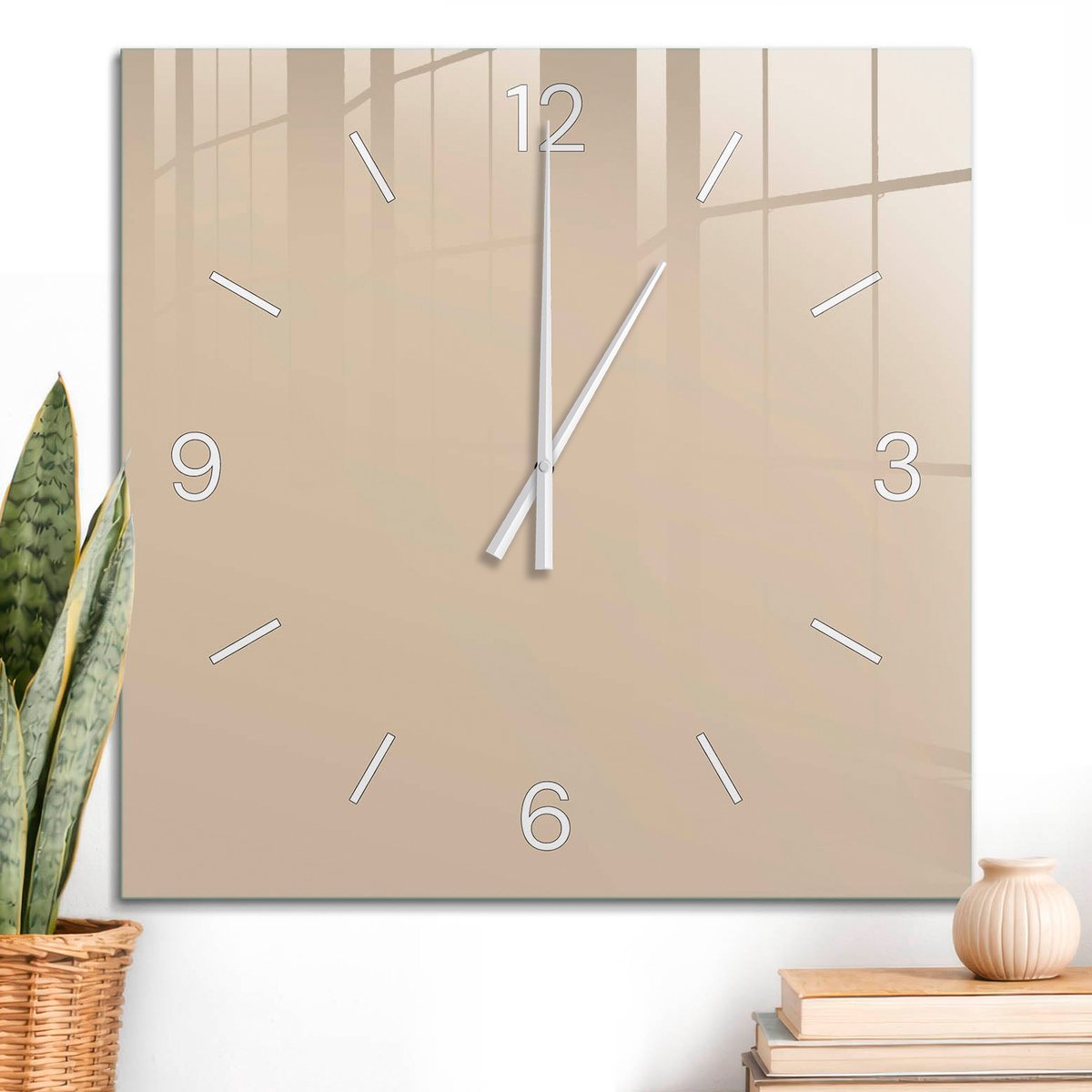 ArtPrintCave Beige Glazen Klok - 60x60 cm - Wandklok Vierkant - Beige-Oranje Stille Wandklok - Abstractie Wandklok Keuken - Witte Klokwijzers