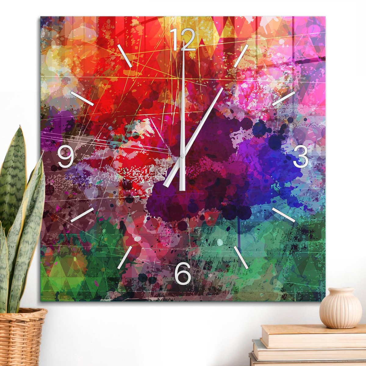 ArtPrintCave Rood Glazen Klok - 60x60 cm - Wandklok Vierkant - Kleurrijke Chaos Stille Wandklok - Kunst Wandklok Keuken - Witte Klokwijzers