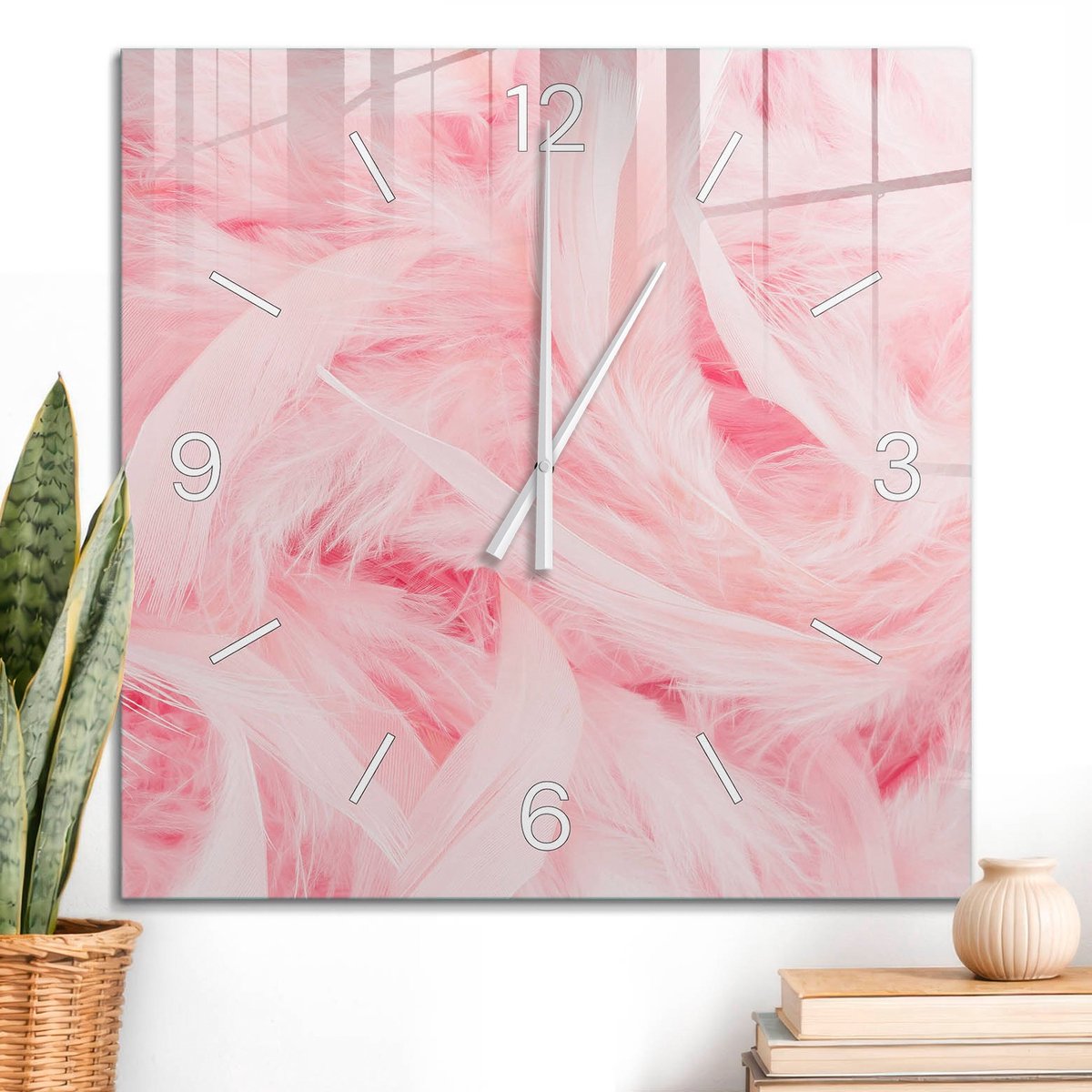 ArtPrintCave Roze Glazen Klok - 60x60 cm - Wandklok Vierkant - Zachte Veren Stille Wandklok - Achtergronden En Patronen Wandklok Keuken - Witte Klokwijzers