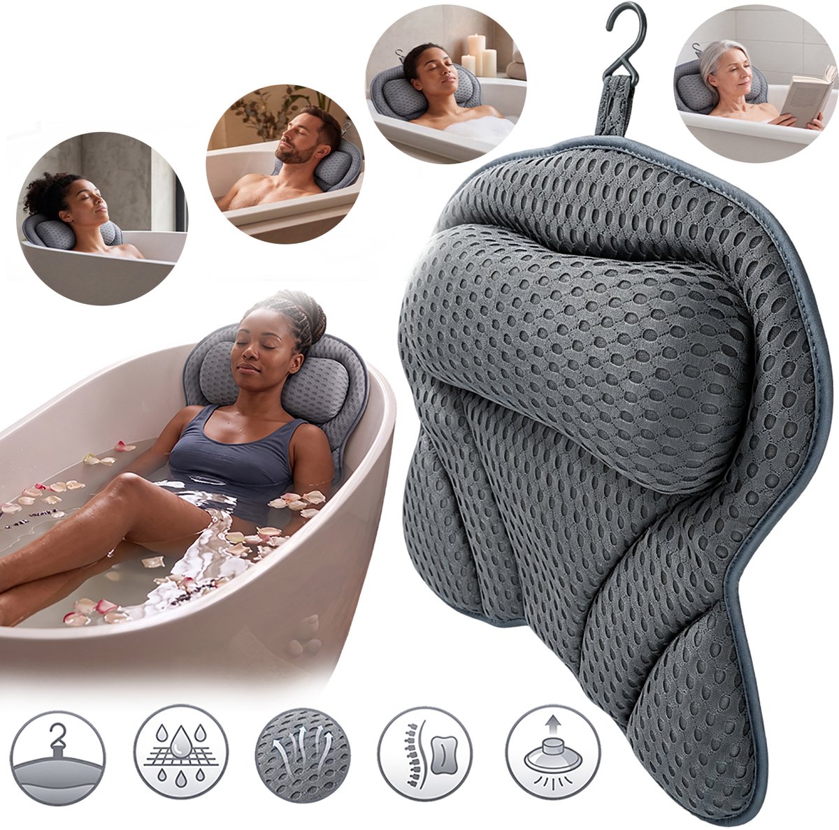 Badkussen, 4d Air Mesh Hoofdsteunkussen, Ergonomisch Luxe Badkussen, Geschikt Voor Alle Badkuipen en Spa's.