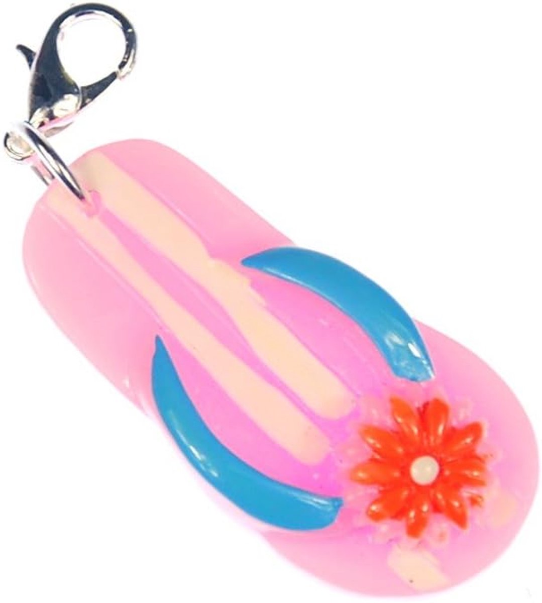 Badslippers, sandalen, bedelhanger, ritssluiting, pull roze, handgemaakt modesieraad, verzilverde kettinghanger, bedelarmband, hanger voor armband, 35 mm, Kunststof Metaal