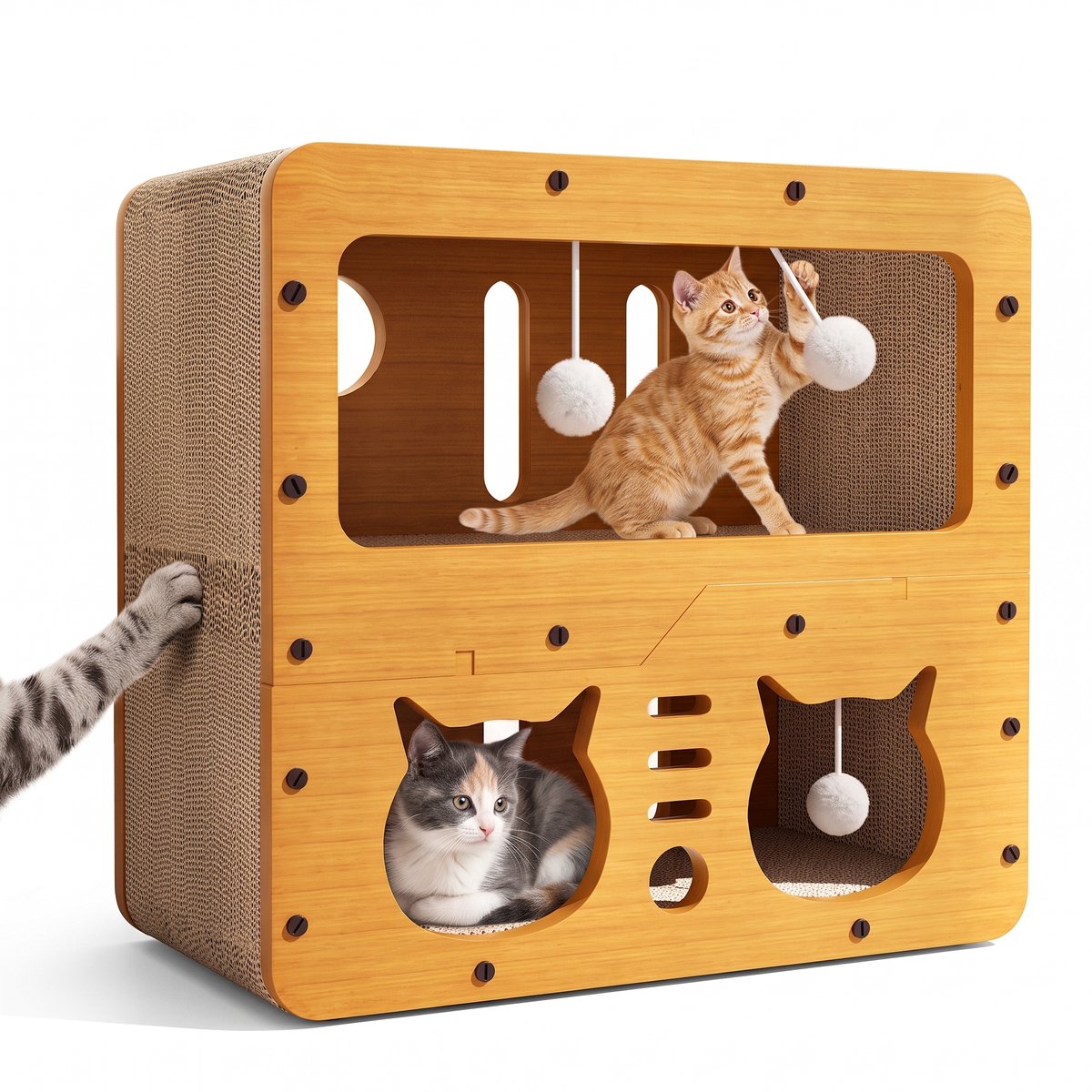 Sir.Pawsalot Luxe Houten Kattenhuis met Krabplank - 2 Verdiepingen - Krabmeubel met Speelballetjes - Groot Formaat (51 cm) - Licht Hout