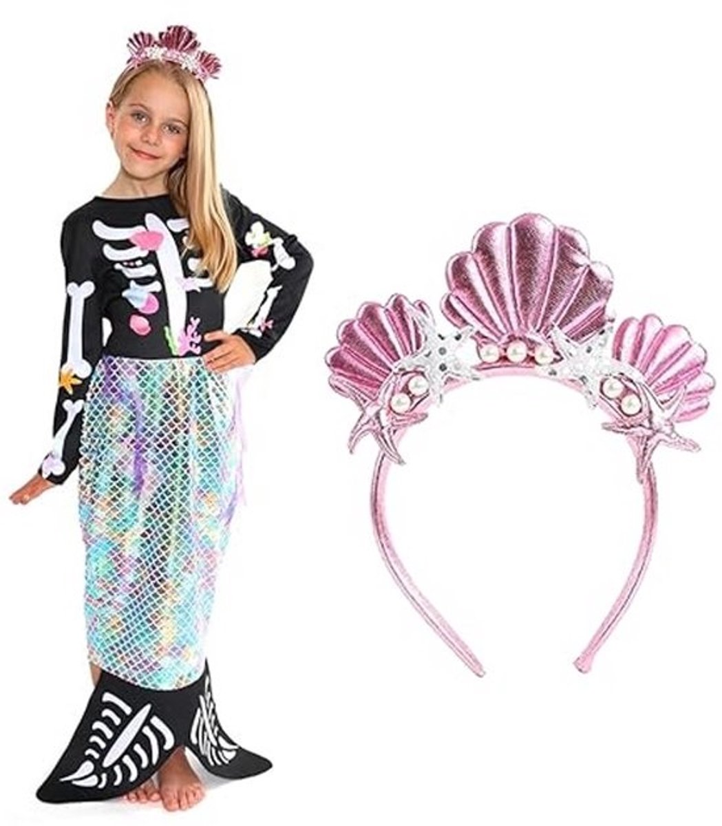 Skelet Zeemeermin Halloween Kostuum voor Meisjes - Zwarte Jurk met Staart en Roze Schelp Hoofdband