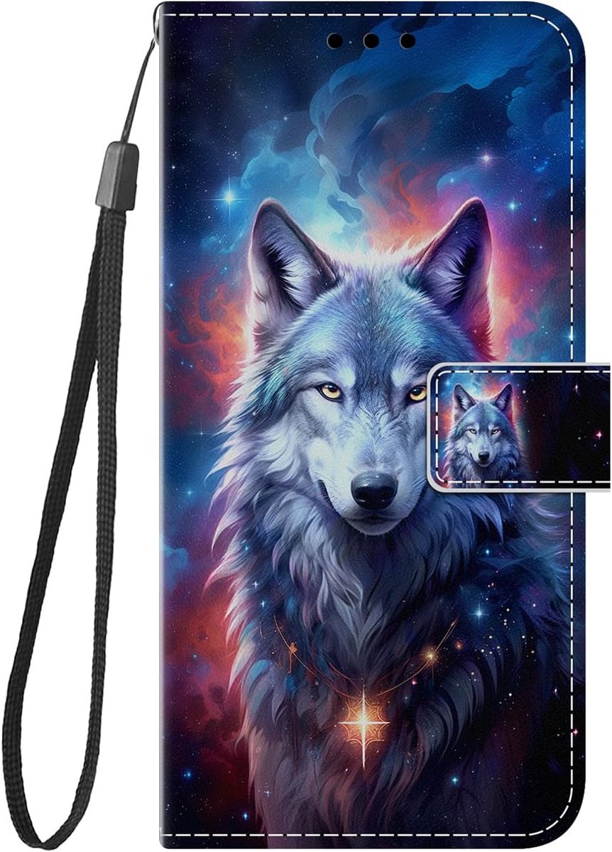 Beschermhoes voor Samsung Galaxy A57 5G, schokbestendig, PU-leer, met schattig tekeningmotief, portefeuille, flip folio case cover voor Galaxy A57, wolf