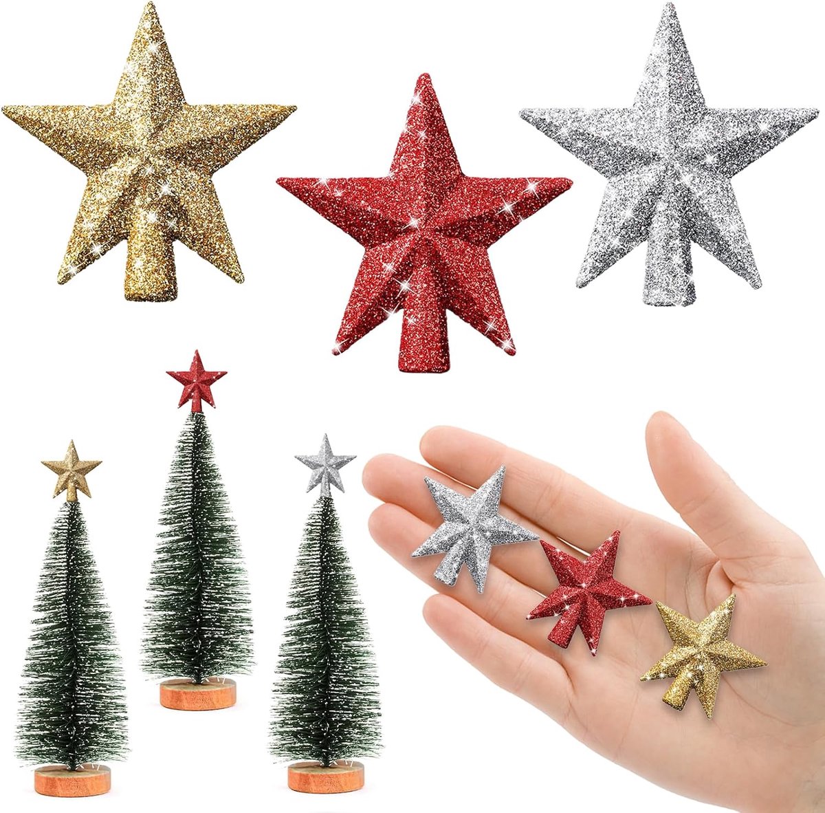 4,5 cm ster voor kerstboom, mini kerstboom, kleine kerstboomtopper, mini-sterren voor het versieren van de kleine kerstboom (4,5 cm glitter: rood goud zilver)