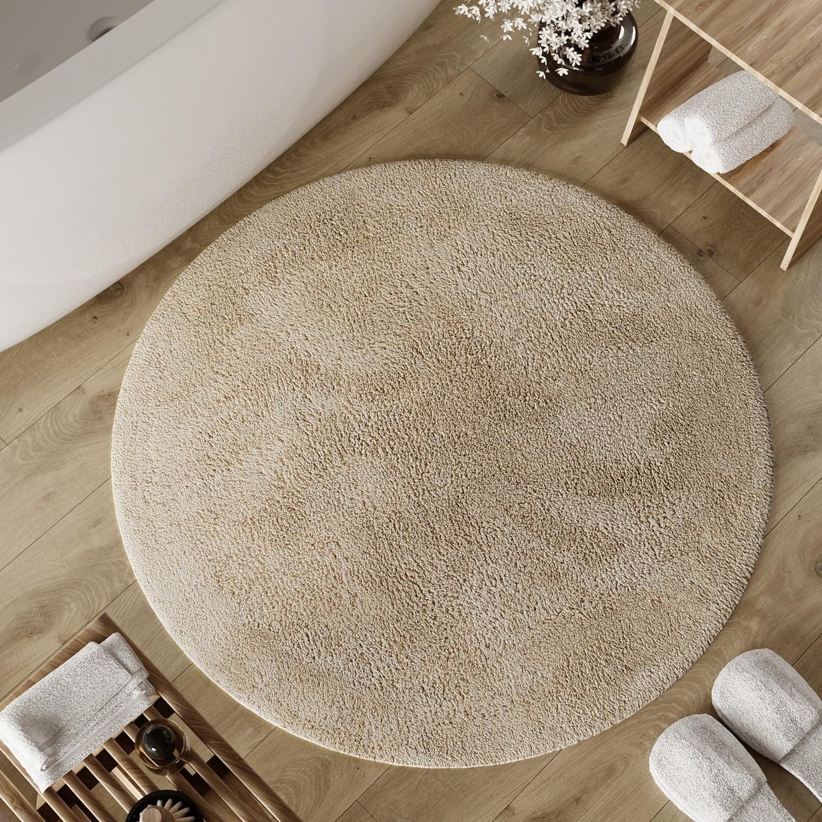 Home Basics Erik Badmat, zacht, getuft katoenen tapijt, antislip en wasbaar met zachte pool en heldere look (80 cm rond, beige)