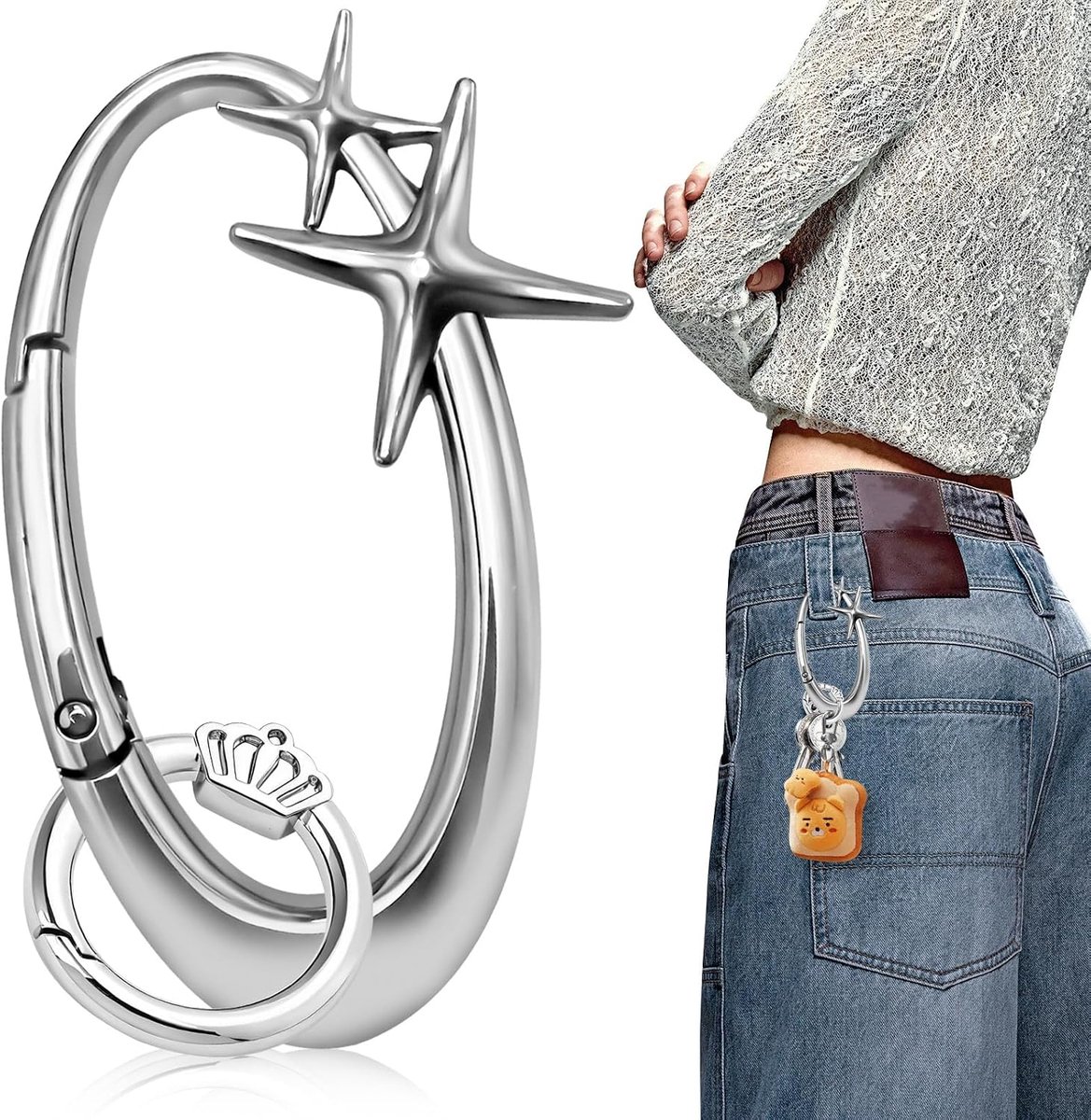 Ster karabijnhaak sleutelhanger, riemlus clip sleutelhanger extra groot glanzend chroom, karabijnhaak minimalistisch legering materiaal leuk voor autosleutels portemonnee handtas rugzak tas