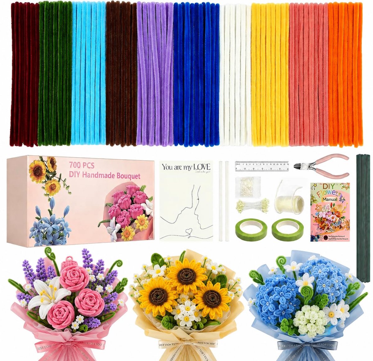700 PCS Dikke Buizenreinigers Craft Bulk,10 gekleurde buizenreiniger bloemen kit,Chenille stengels met handleiding en video tutorial,Art DIY boeket geschenkdoos