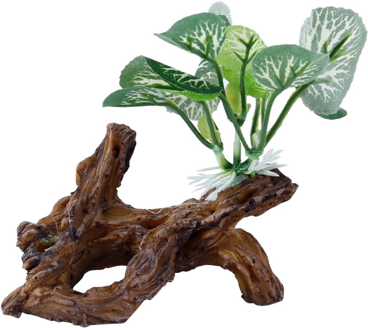 Groene kunstmatige plant Drijfhout grot Houten huis Plastic Betta blad pad Voorgrond ornament