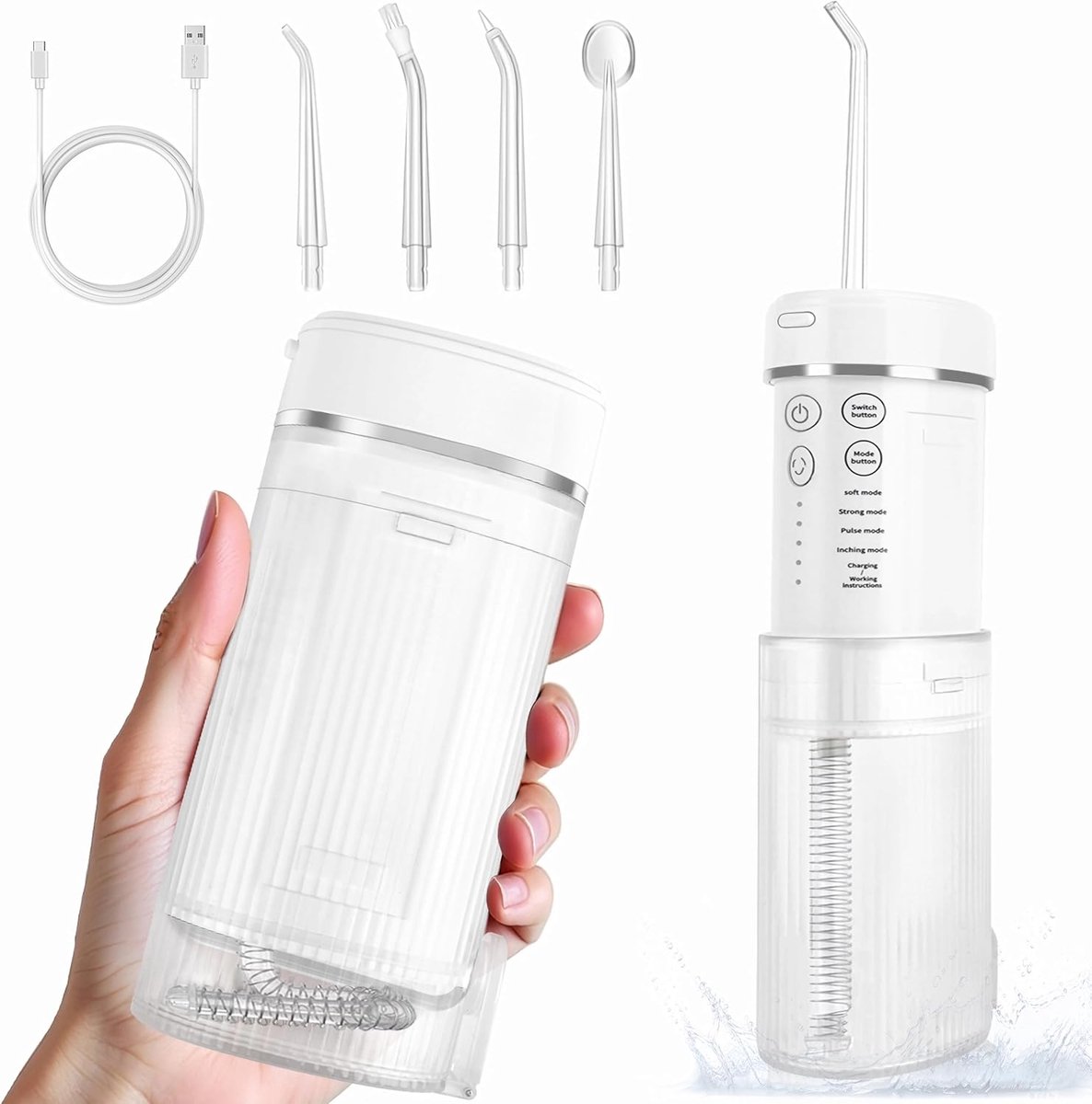 Elektrische Monddouche met 4 Standen en 4 Vervangbare Mondstukken, 160 ml Uitschuifbare Tank, Oplaadbaar via USB-C, IPX7 Waterdicht, voor Reizen en Thuisgebruik