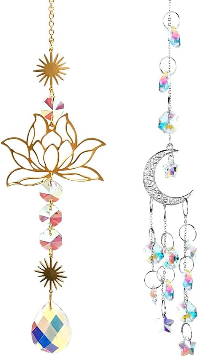 Zonnevanger met kristallen prisma, 2 stuks, lotusbloem en maanvorm met kristallen prisma, hanger kristallijne element, decoratie voor raamdecoratie, kantoor, auto