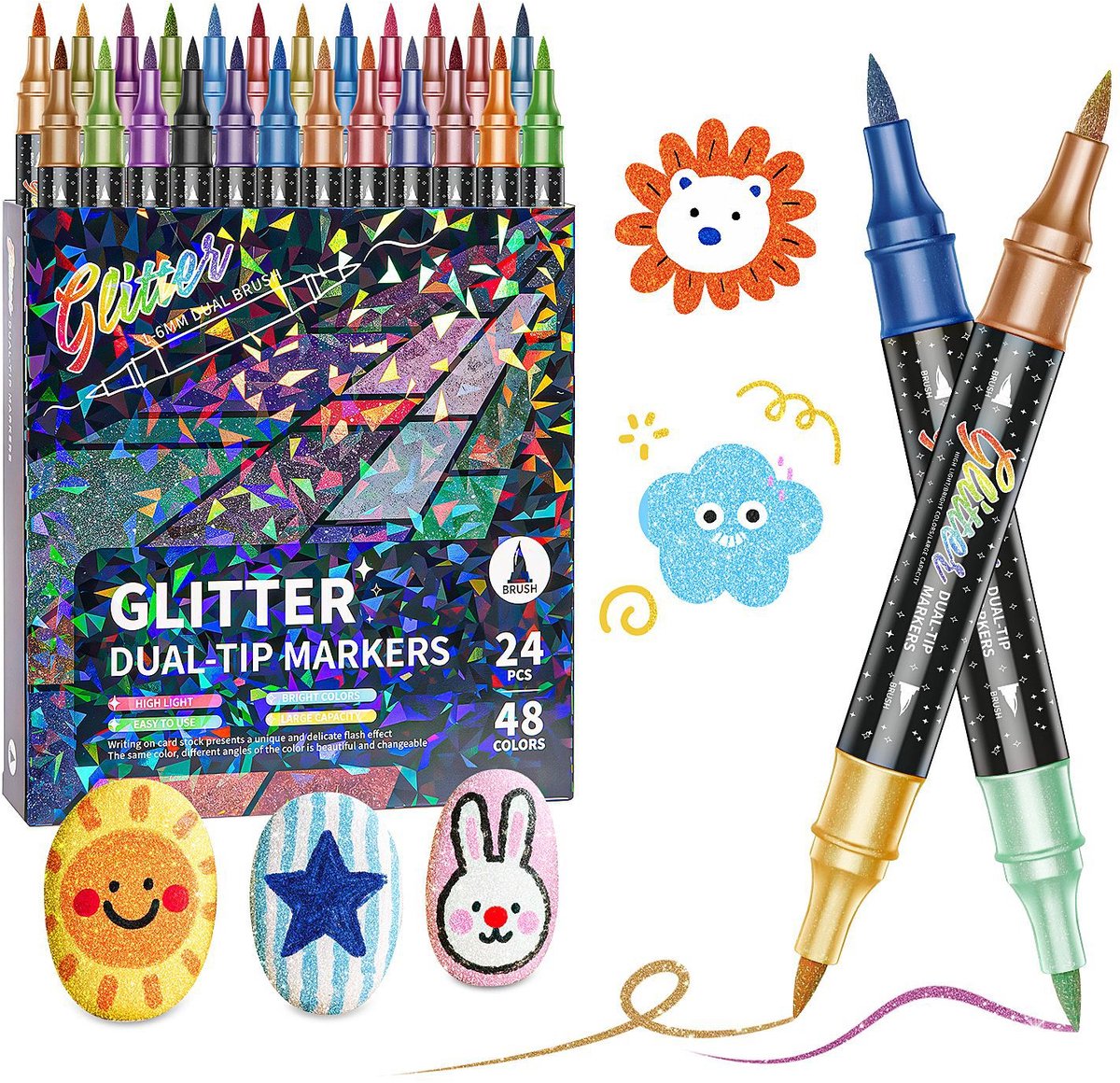 Glitterstiften met twee uiteinden en twee kleuren, sneldrogend, geschikt om mee te tekenen/knutselen, te gebruiken op steen, glas, hout, stof en paaseieren,24 stuks (48 kleuren)