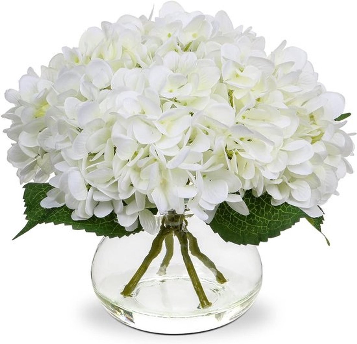 SnelShoppen - Kunstbloemen met 4 Hortensia's in Glazen Vaasje, Real Touch Kunstbloemen voor Bruiloft, Thuis, Hotel, Feest, Bloemarrangement - Hoogwaar