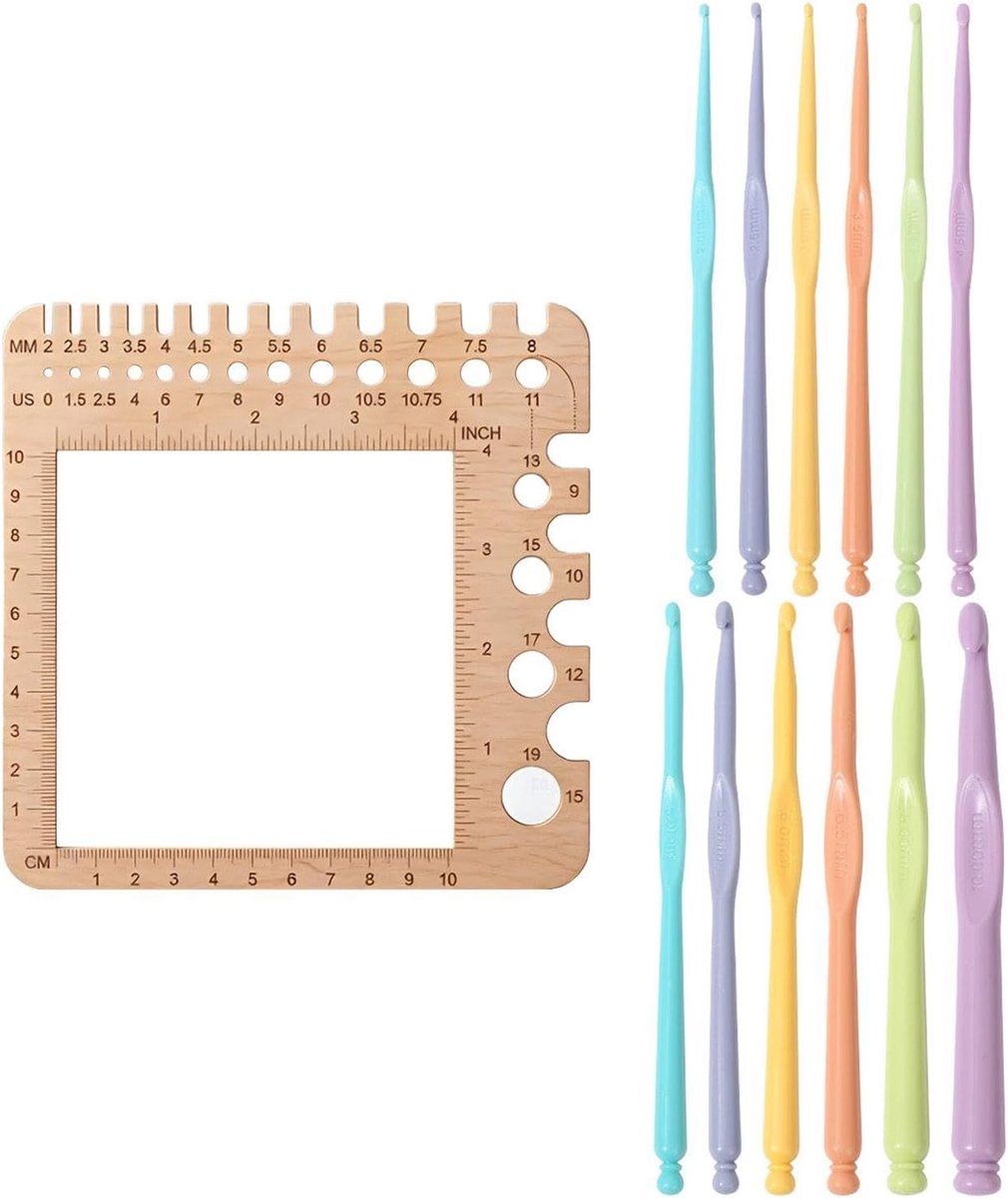 1 Stuk Houten Breinaald Gauge, 12 Stuks Plastic Gekleurde Haakhaken, Breien Liniaal Naalden, Plastic Meetinstrumenten, Gebreide Trui Haakhaken.