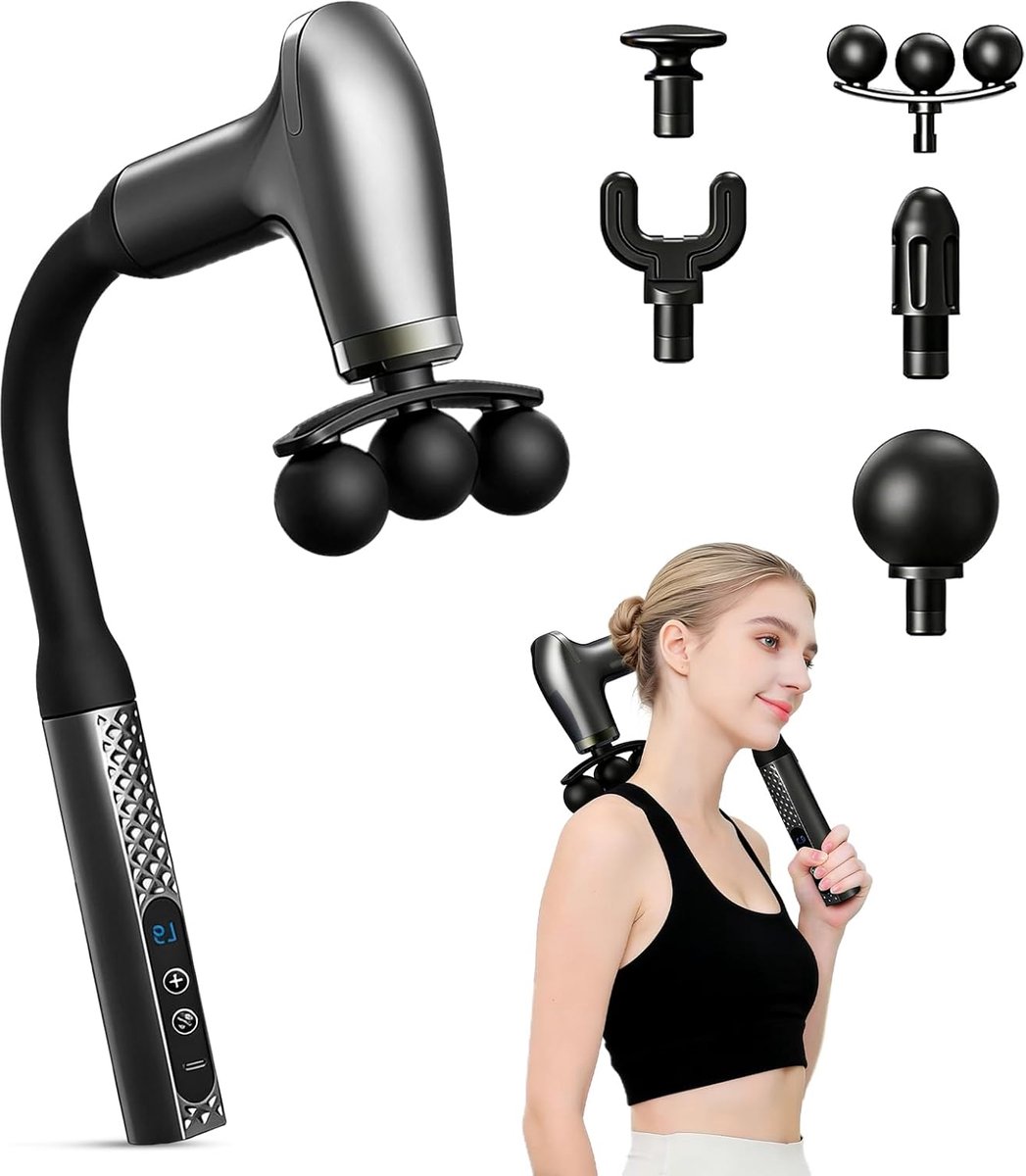 Fascia-pistool, met 5 massagekoppen, 9 intensiteitsniveaus, lcd-display, voor pijnverlichting en diepe weefselmassage voor rug, benen, nek en het hele lichaam