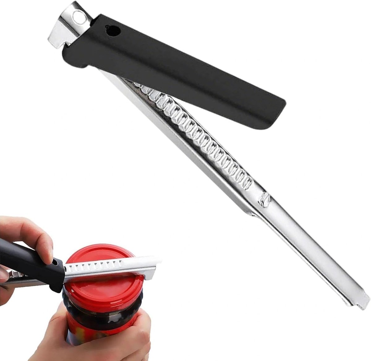 Verstelbare handmatige blikopener, multifunctionele flesopener, roestvrij staal, ergonomische blikopener, handmatige blikopener voor zwakke handen of oudere mensen (zwart)