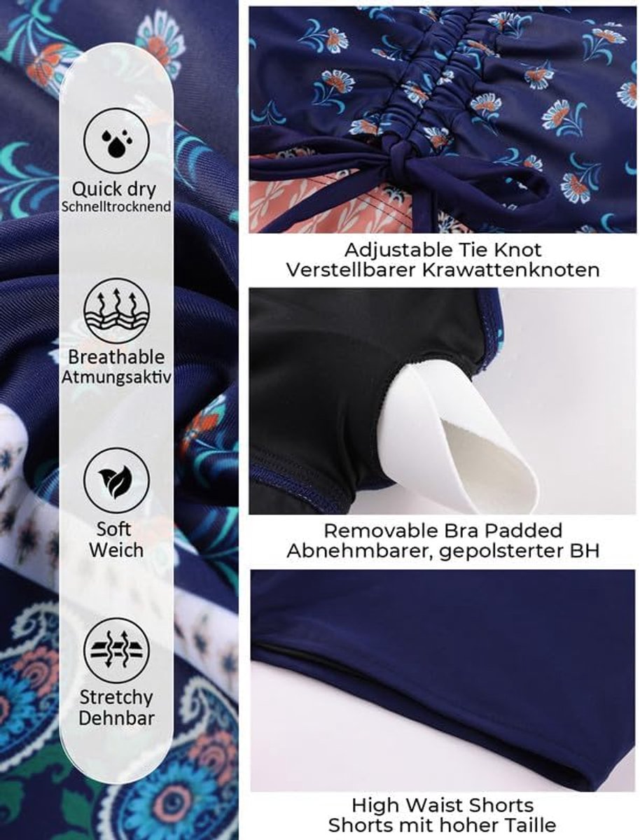 Nikole tankini-set voor dames in grote maten – tweedelig badpak met trekkoorden, keyhole zwemjurk en bijpassende zwemshort, met buikcontrole en een bescheiden ontwerp