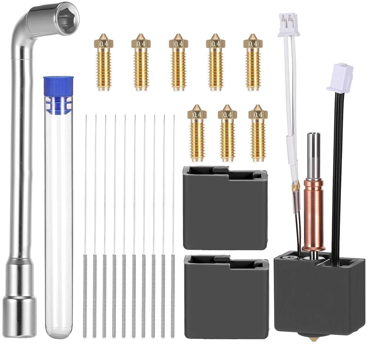 Hotend Kit voor 3D Printers, Verbetering van Precisie en Compatibiliteit met Diverse Modellen, Inclusief 3 Messing Nozzles en 10 Reinigingsnaalden