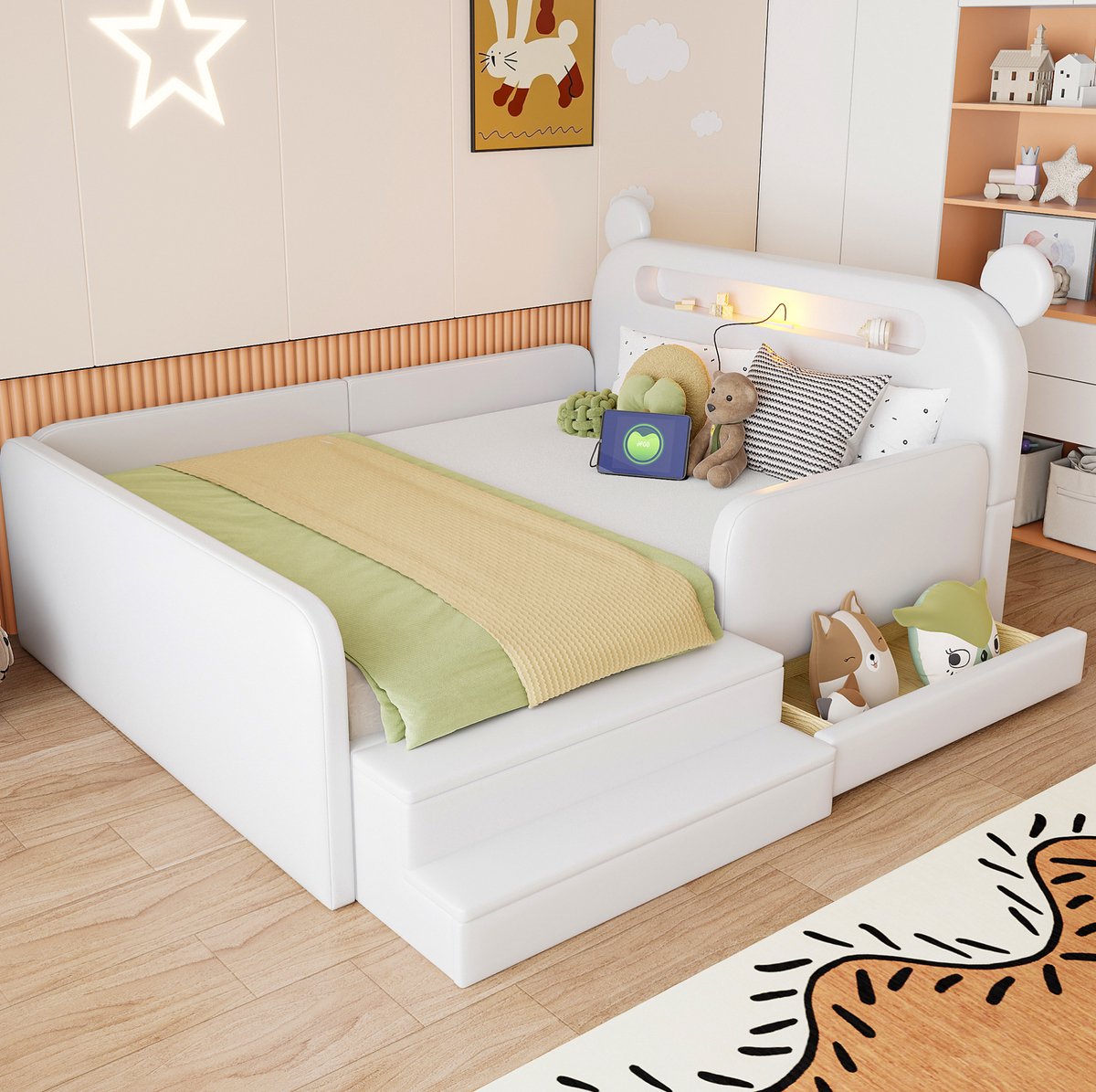 MODENUIT Kinderbed – Berenhoofdbord met Nachtlicht – 140 x 200 cm – Kunstleer – Wit – USB en Opbergruimte