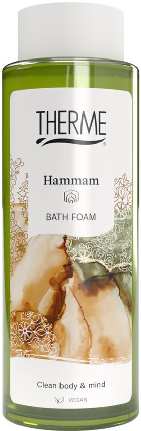 Groene fles met Hammam Badschuim van Therme. Met gouden patronen en bruine/groene marmerlook illustraties. "Clean body & mind" en "VEGAN" staan onderaan.