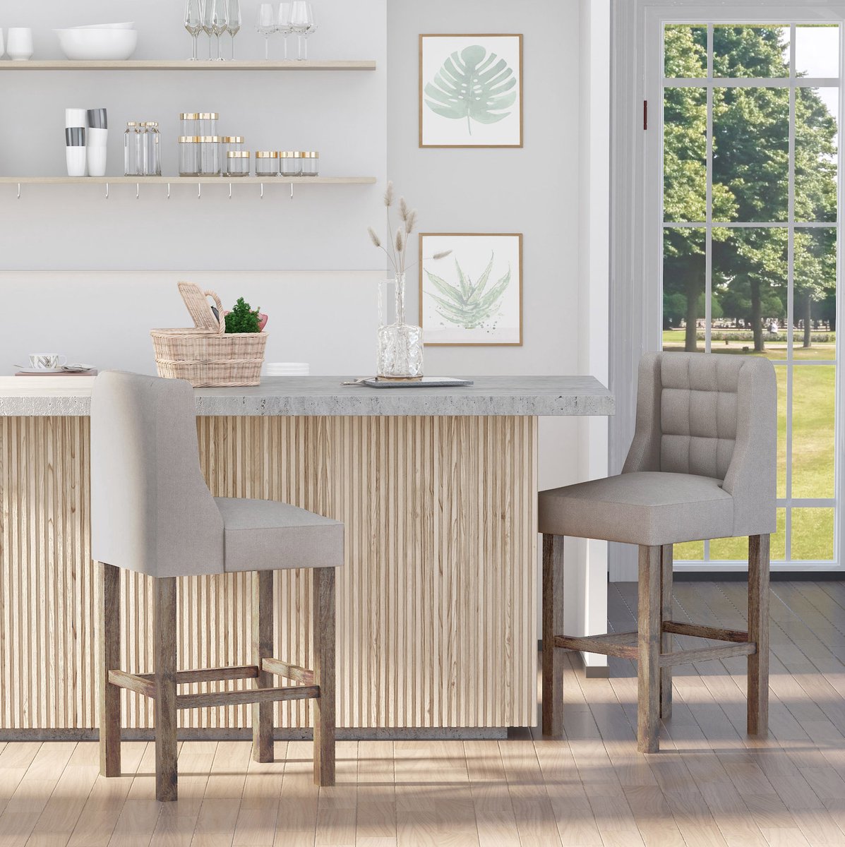 MODENUIT Barkruk 47 x 50 x 101 cm - Set Van 2 Met Rugleuning En Voetsteun - Keukenbar - Hout Grijs Naturel Beige