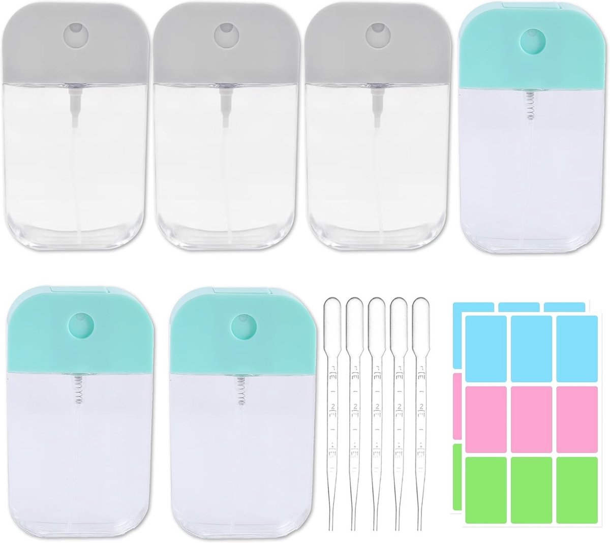 Set van 6 herbruikbare mini sprayflessen van 50 ml met pipet en stickers, ideaal voor parfum en cosmetica, perfect voor reizen en opbergen