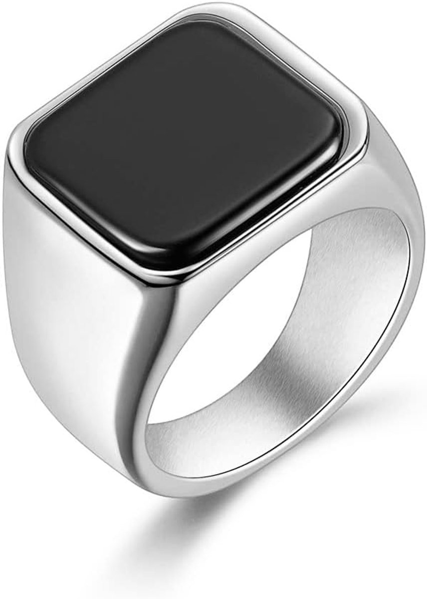Zegelring Goud/Roestvrij Staal Eenvoudige Band Ring Set Met Zwarte Onyx Maat O tot Z