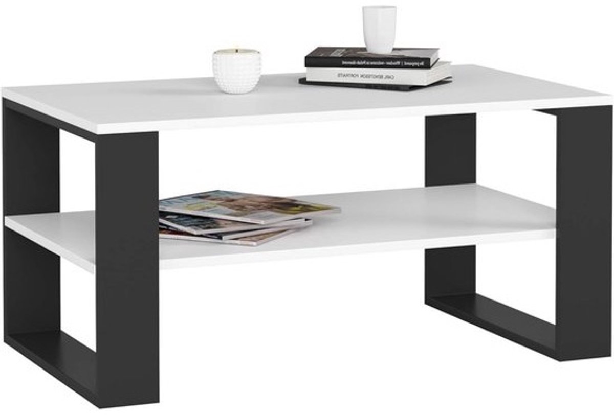 Minimalistische Houten Salontafel met Plank 92 x 45 x 53 cm - Modern Design in Wit en Zwart