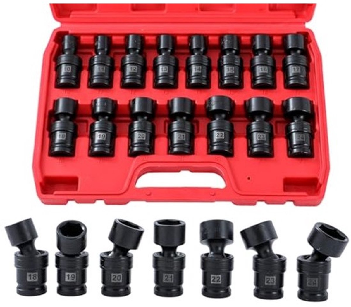 Dopsleutelset 1/2 inch - 15-delig, metrisch, 10-24 mm, 360° draaibaar, CR-MO staal