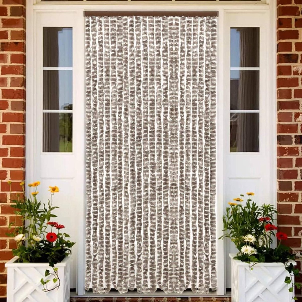 Insectenwerend gordijn, vliegengordijn, pluche gordijn, deurgordijn, draadgordijn, vliegenbescherming, voor caravan, camping, taupe en wit, 90 x 220 cm, chenille