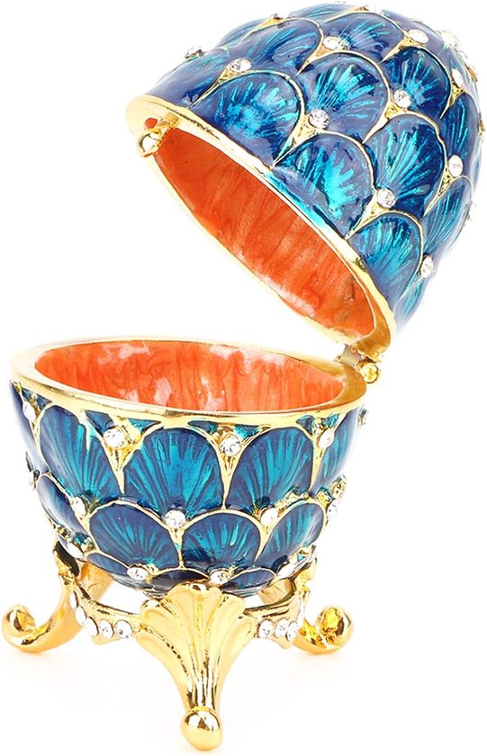 Geëmailleerde Faberge Ei Stijl Decoratieve Pasen Gift Scharnierende Sieraden Snuisterijdoosje voor Unieke Home Decor(Blauw) — afbeelding 4