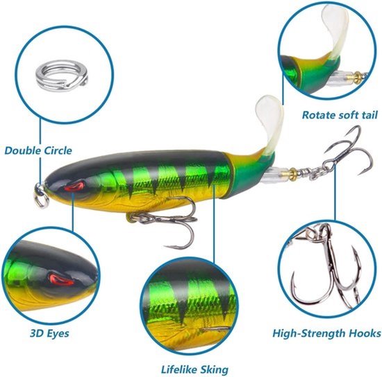 Set met 10 stuks kunstaas - Bass popper van 9 cm - Met draaitail - Voor zoet en zout water - 3 dreggen - Meerlagige reflecterende coating - Voor baars en snoek — afbeelding 2