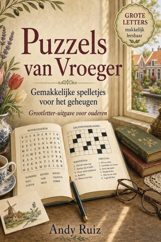Boek met de titel "Puzzels van Vroeger", met grote letters, een woordzoeker en een kruiswoordraadsel.