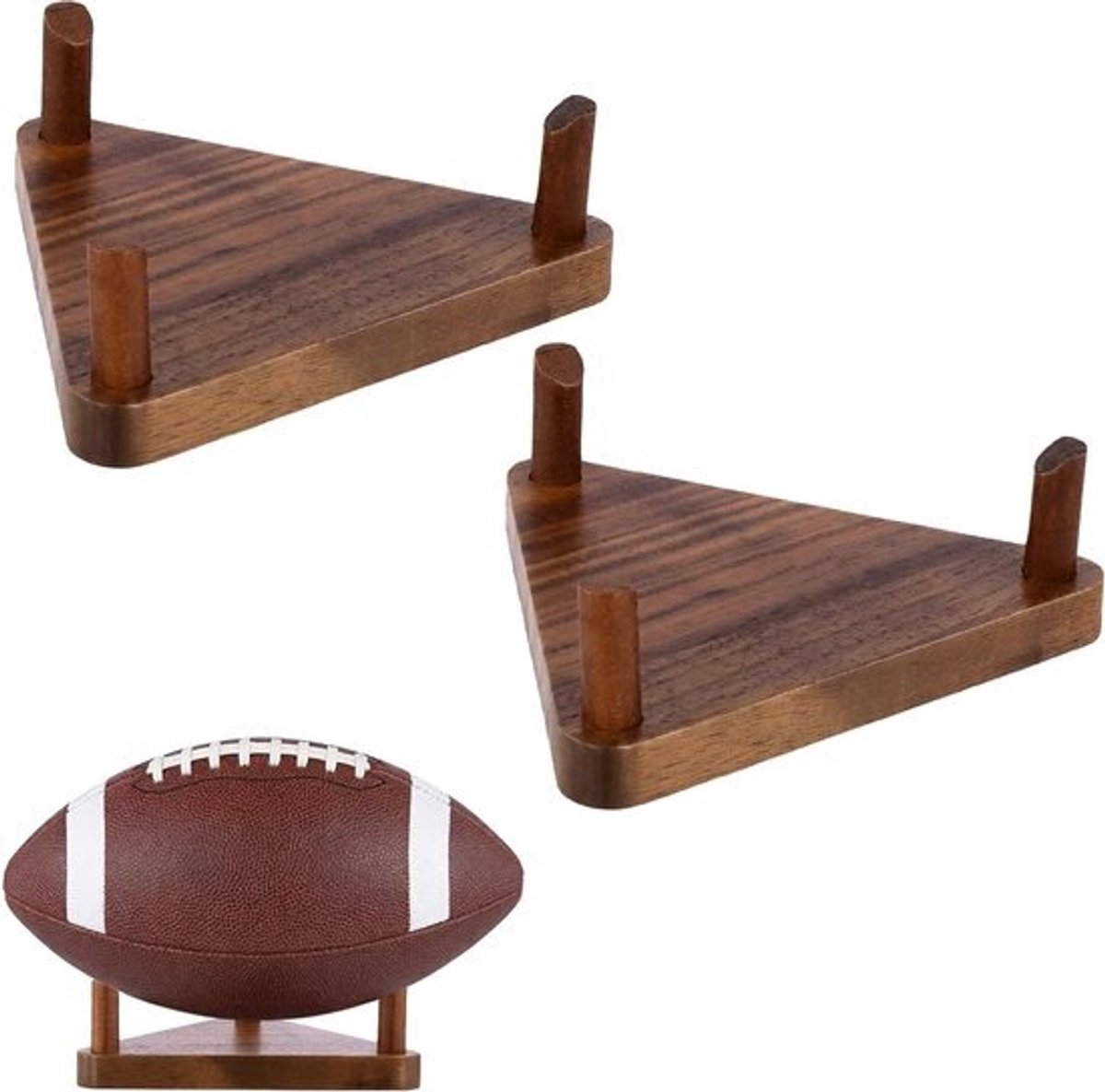 Houten Balhouders - Sportbalstandaard - Decoratief Opbergen - Set van Twee - 13.5x13.5x5cm - Walnoot