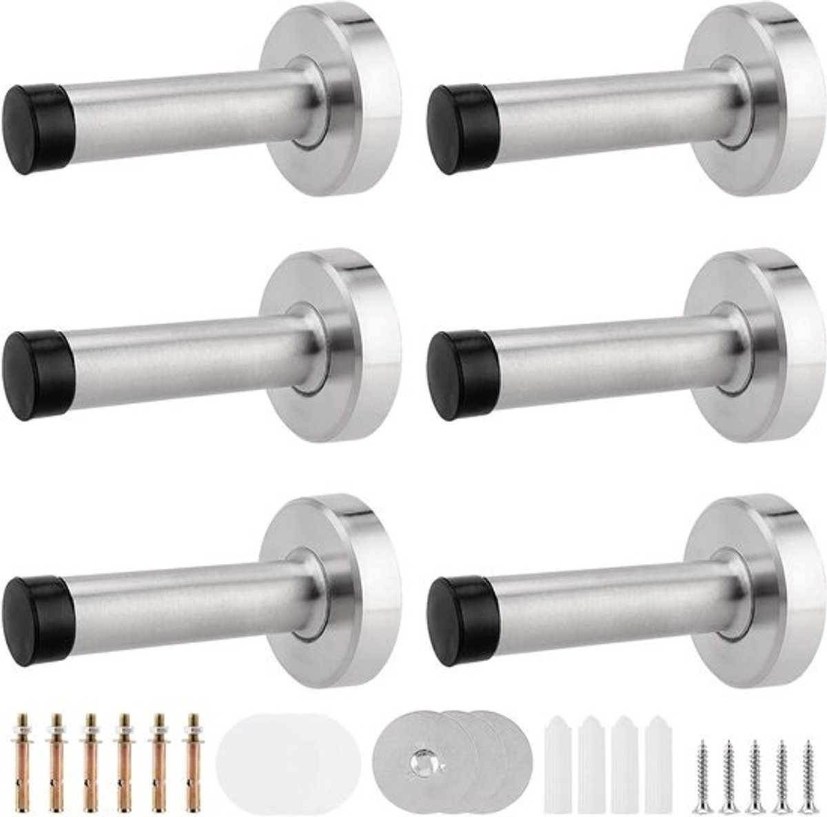 Set van 6 RVS Deurstoppers van 80mm met Rubber Tips - Zilver