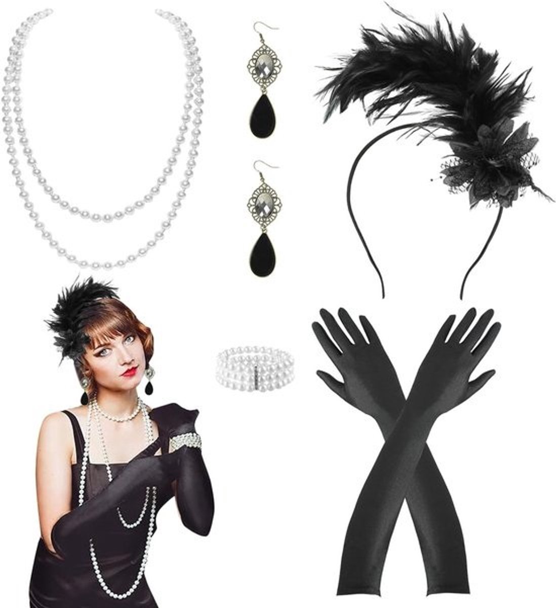 Complete kostuumset uit de jaren 1920 - met oorbellen, ketting, veerhaarband, armband en handschoenen - voor Halloween, carnaval en cosplay