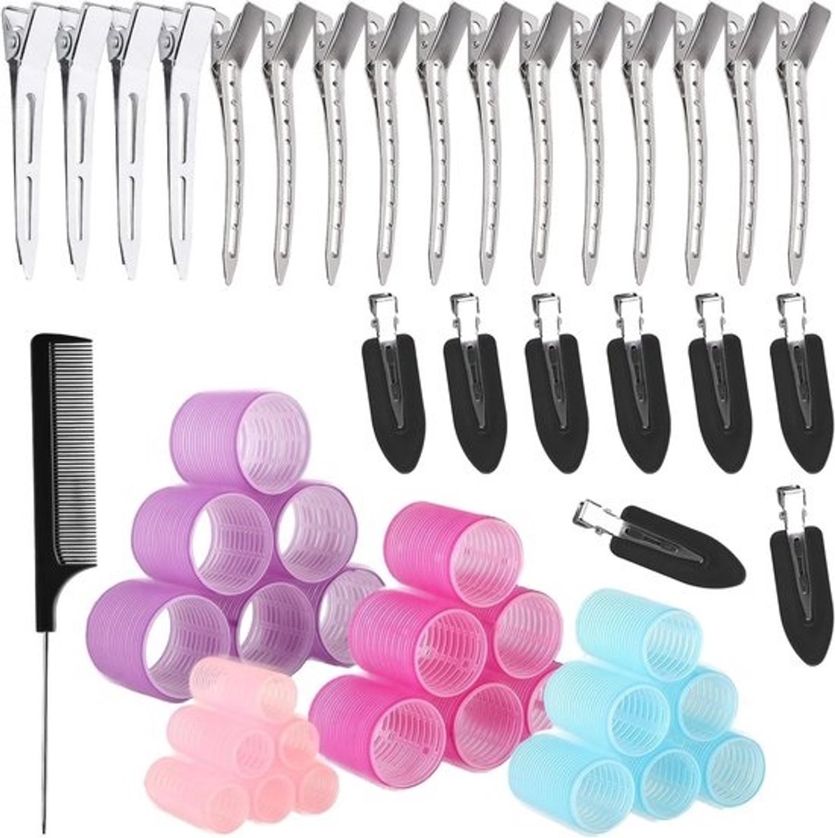 Haardroger Set met Klemmen, 4 Maten (60/48/36/25mm) voor Lang, Medium en Kort Haar, Zelfklevende Haarrollers met Klemmen, Plastic Haarrollers voor Volumineus Haar en Krullen