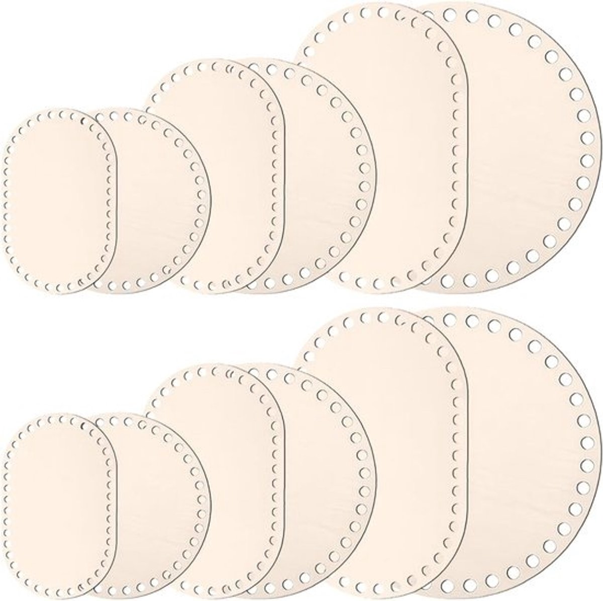 Set van 12 houten mandbodems in 6 afmetingen - Rond en ovaal (10, 15, 20 cm) - Ideaal voor haken, weven en creatieve DIY-projecten
