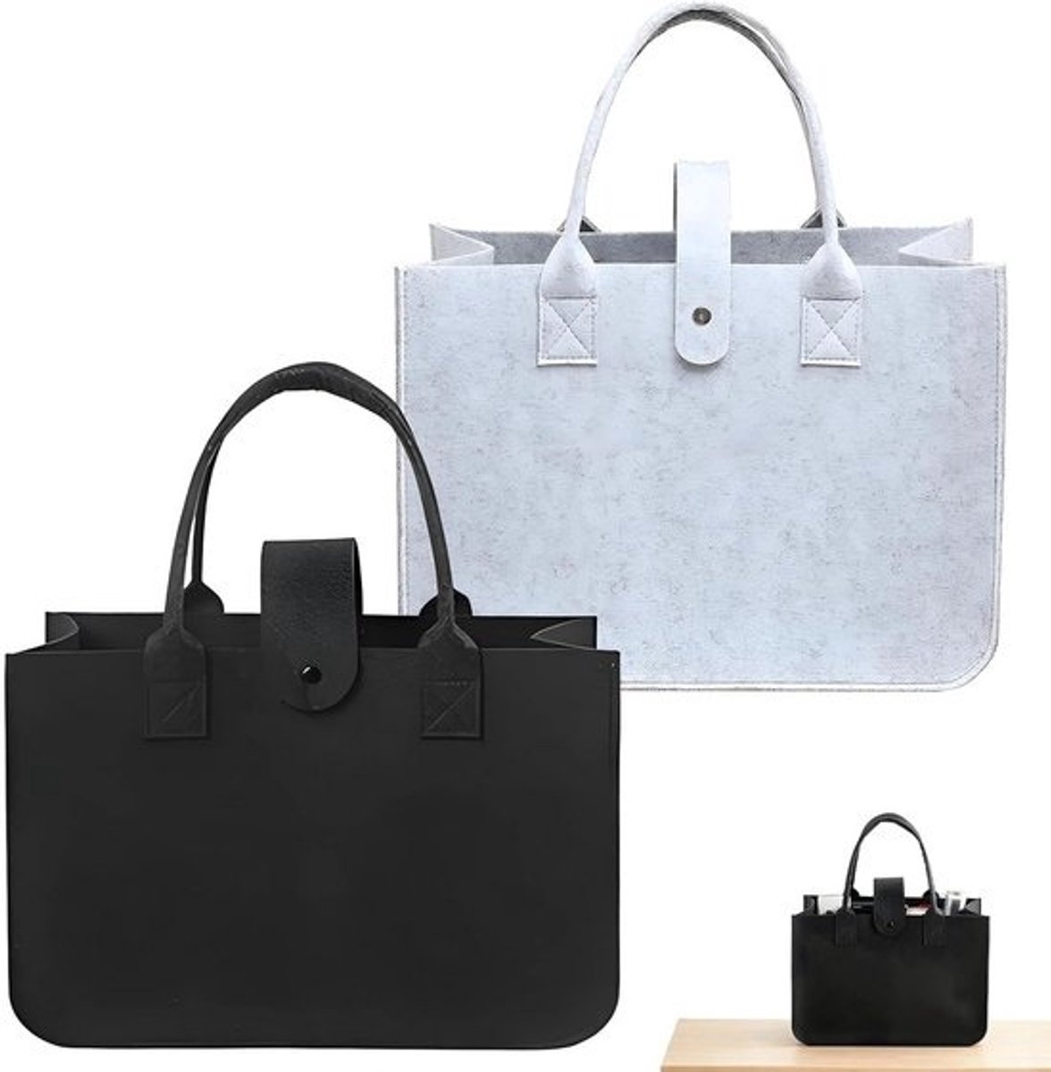 Vouwbare boodschappentas van vilt - 30 x 20 x 18 cm, set van 2 - Voor winkelen, picknicks en outdooractiviteiten, zwart en lichtgrijs