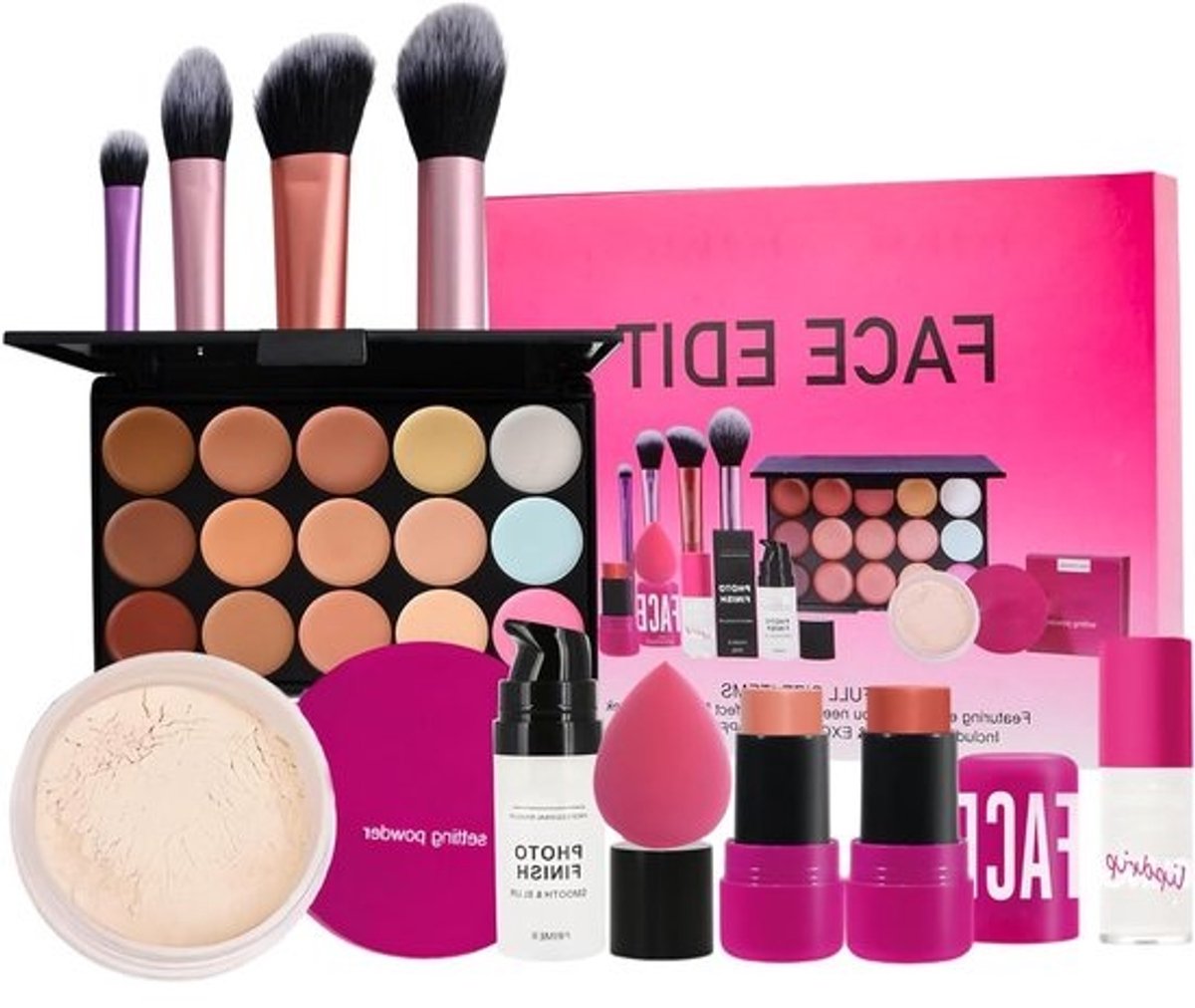 Complete make-upset met 15 kleuren concealer, poederprimer, lipolie en borstels voor jongeren en vrouwen