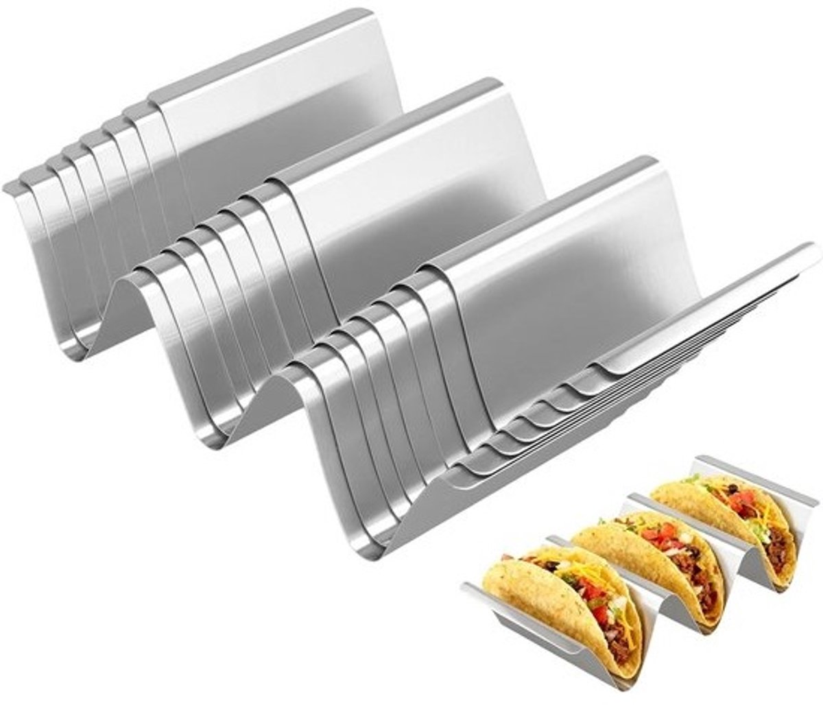 Set van 8 taco houders van roestvrij staal met handvatten - 21.5 x 10 x 5 cm