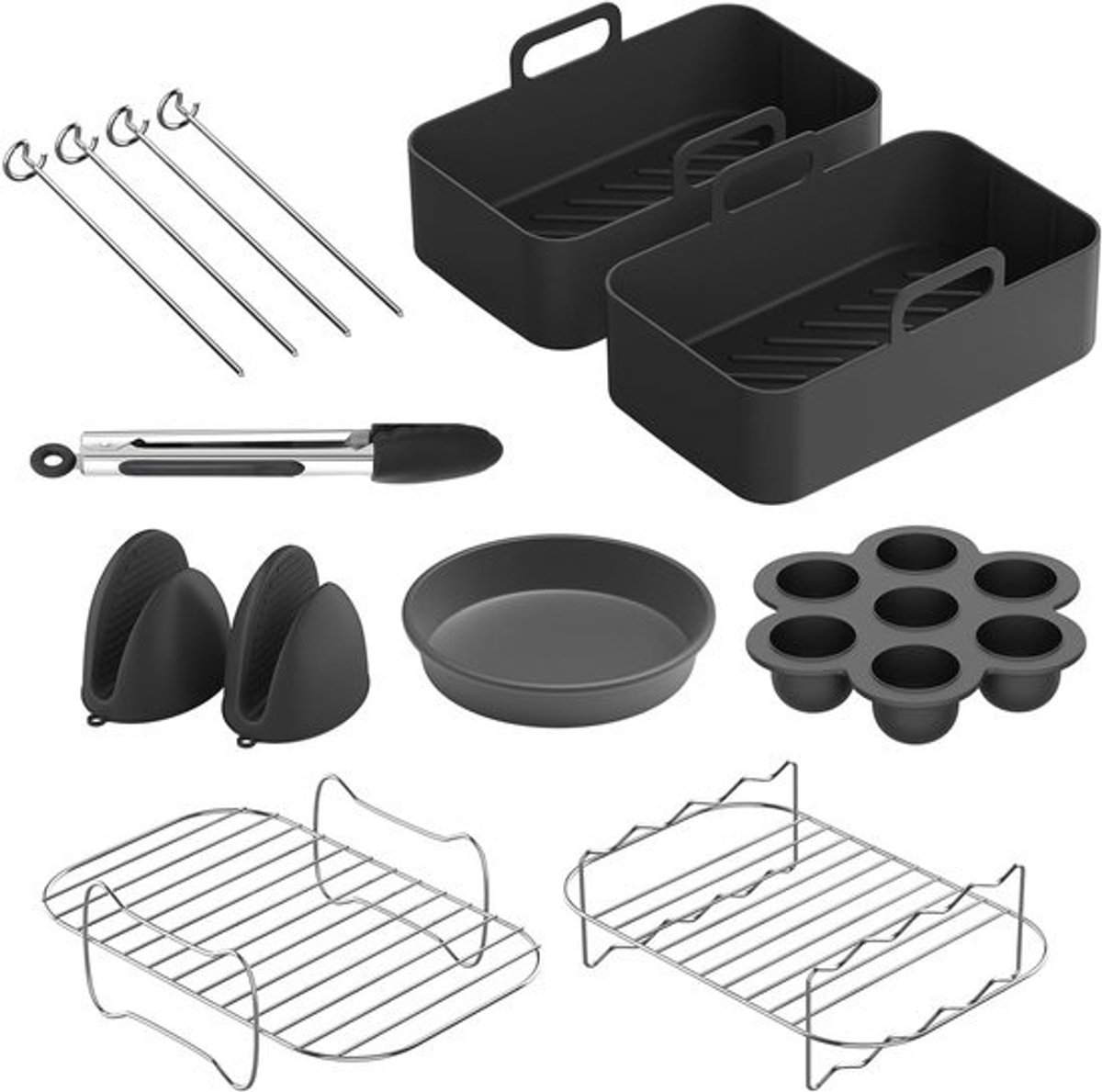 9-delige accessoires voor airfryer - Met inzetstuk, pizzapan, siliconen ovenhandschoenen en spiesjeshouder - Voor 5 inch dubbele airfryer