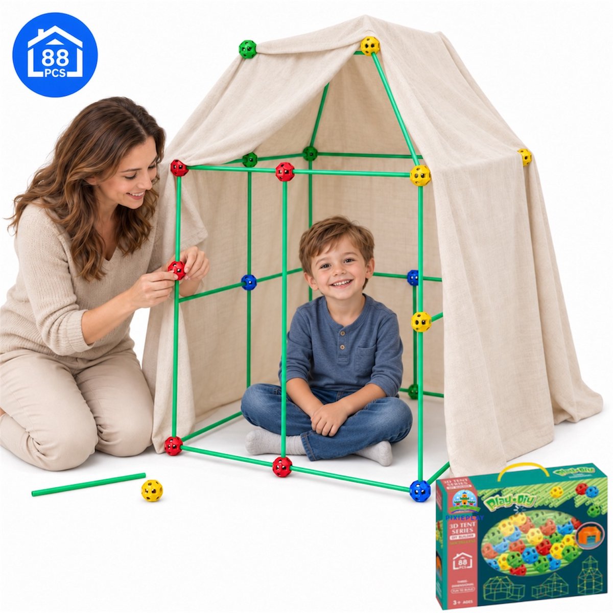 PixiePlay® Fort Bouwpakket - 88 Onderdelen - incl. E-book - Speelgoed - Educatief - Bouw - Montessori - Sensorisch - Speeltent - Hut Bouwen - Speelgoed 3 Jaar - 4 Jaar - 5 Jaar - Kinderspeelgoed