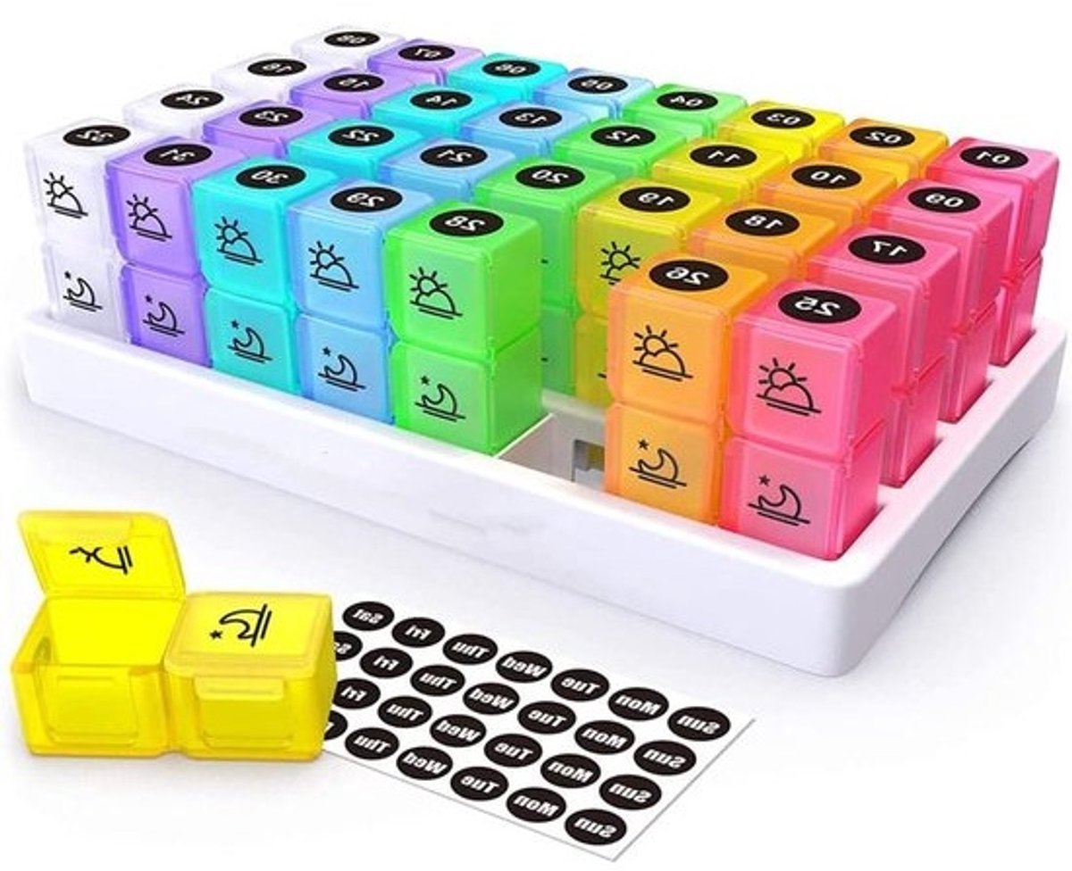 Tablettenorganizer voor 1 maand - Voor ochtend en avond, met 32 compartimenten - Draagbare medicijndoos met deksel voor medicijnen en supplementen