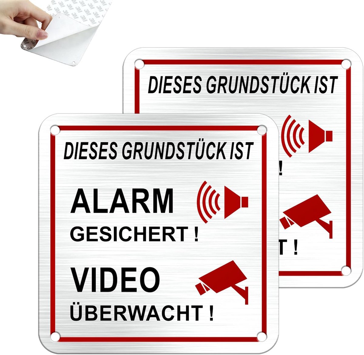 Grondstuk wordt videobewaking bord 10 x 10 cm aluminium zelfklevend, alarmbeveiligde stickers, klein, metaal, waterdicht en roestvrij, 2 stuks