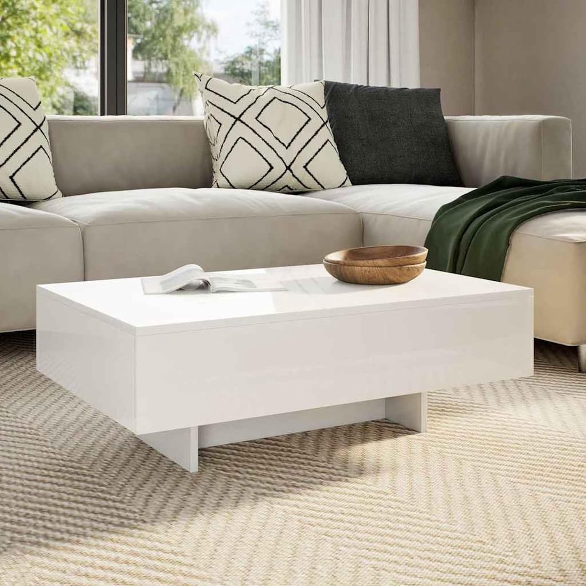 Salontafel, woonkamer, rechthoekig, modern, van MDF, wit glanzend, 85 x 55 x 31 cm, moderne salontafel, salontafel, rechthoekige salontafel