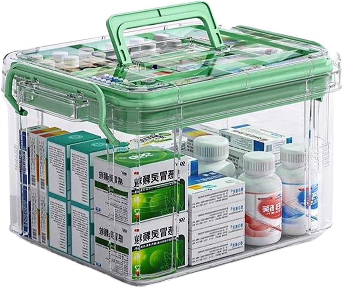 Medicijnen opbergdoos, huishoudelijke geneeskunde opbergdoos organisator, dubbellaagse EHBO-doos, multinet draagbaar met deksel medicatiekast voor thuis (groen-L)