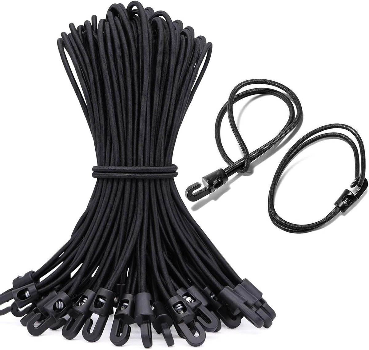 Elastische spanbanden met haken, 25 stuks, elastisch touw met haken, 25 cm, zwart, uittrekbaar touw, multifunctionele rubberen spanners voor dekzeilen, paviljoens