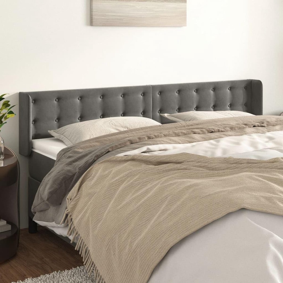 Hoofdeinde met oren in donkergrijs, 203 x 16 x 78/88 cm, fluweel, in hoogte verstelbaar, met stabiele houten poten voor uitstekende ondersteuning en luxueus comfort