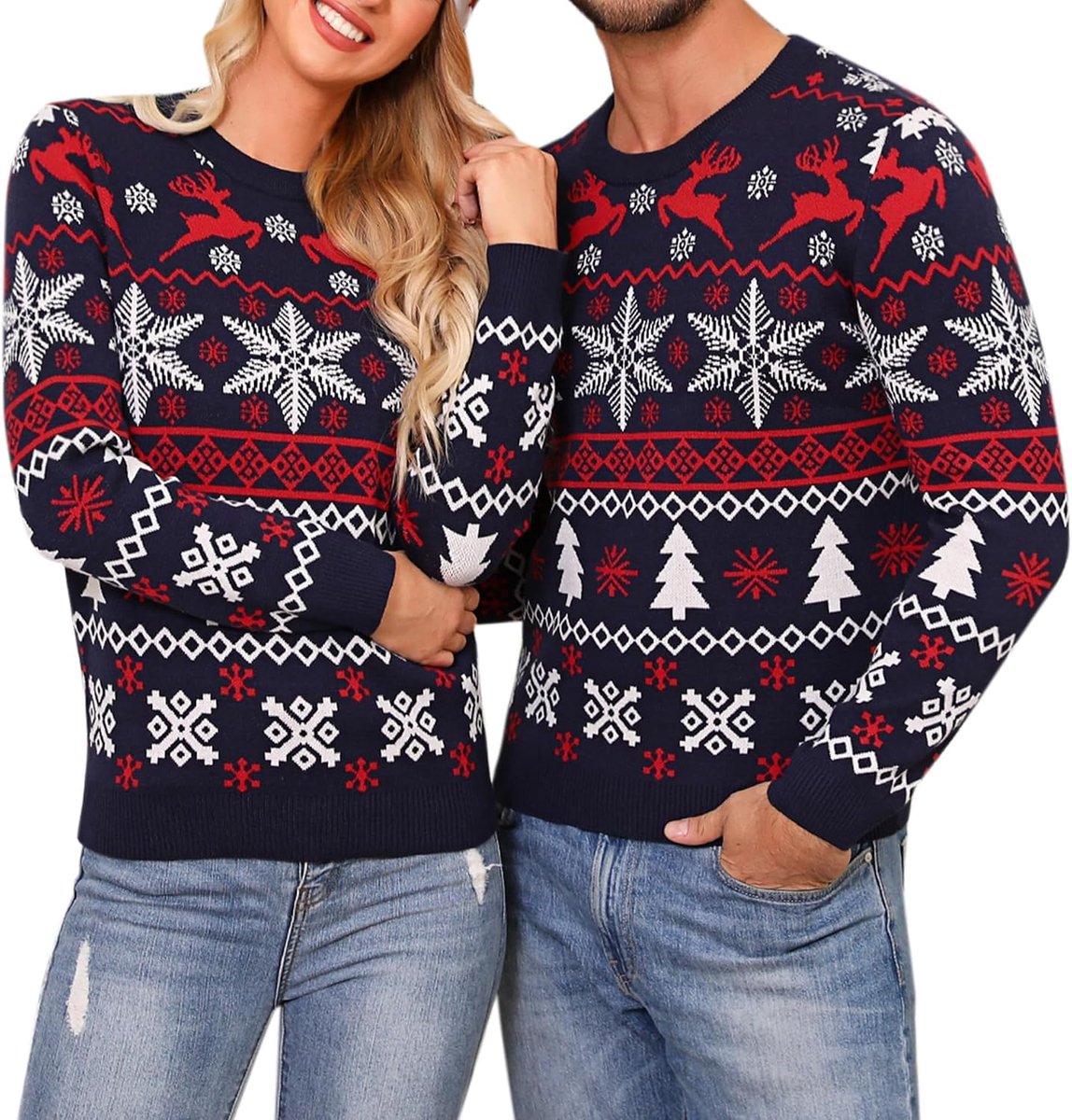 Kersttrui voor dames en heren, kersttrui met lange mouwen, kersttrui met rendierpatroon, gebreide trui voor de winter, voor kerstfeest, S-XXL, A-marineblauw voor vrouw, L